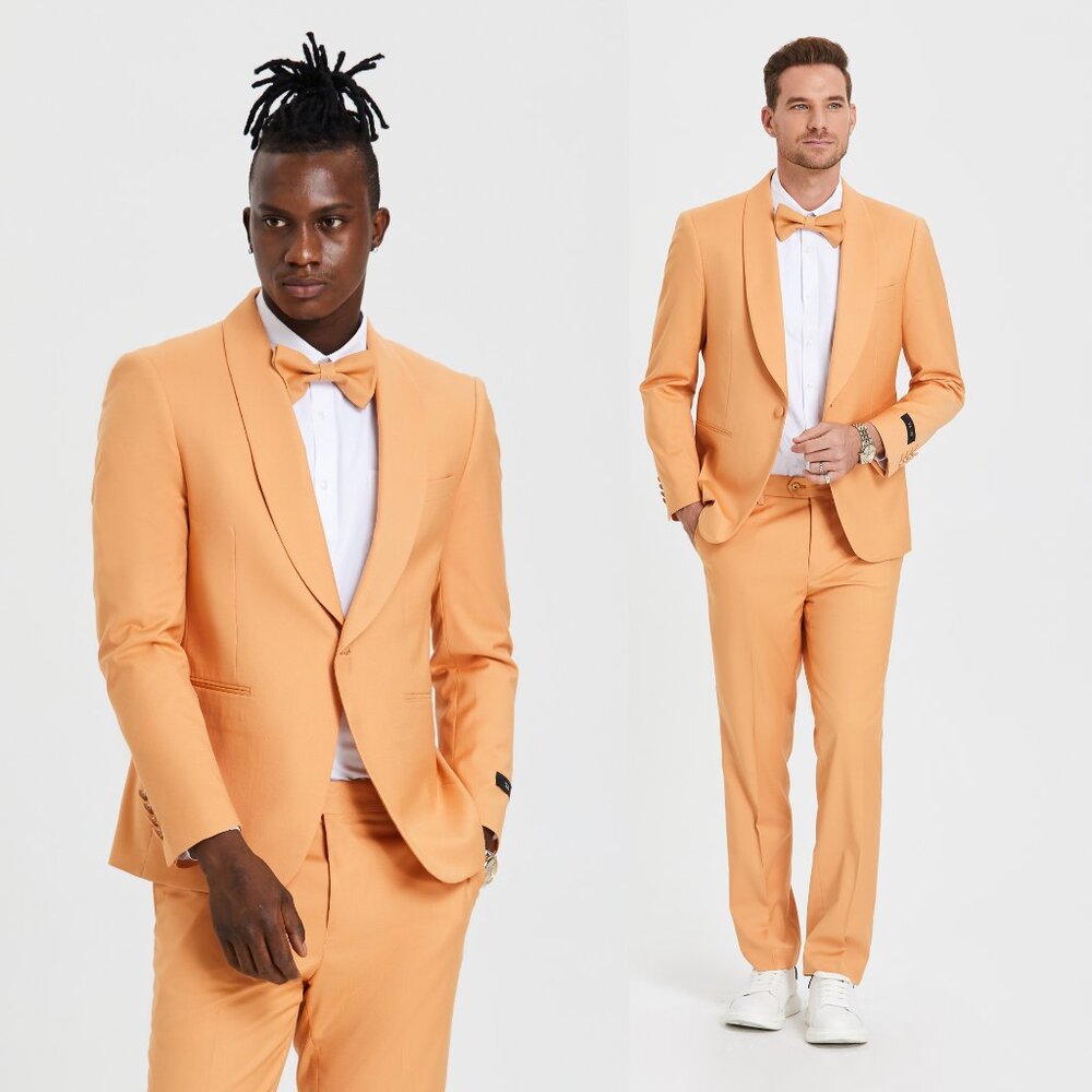 Skinny-Fit  Tazio Men's 2-Piece Shawl Collar Suit, Tangerine Orange